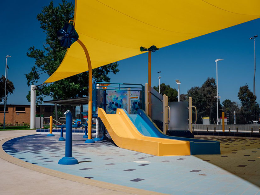 Kids outdoor play area with slides at Fawkner Leisure Centre.